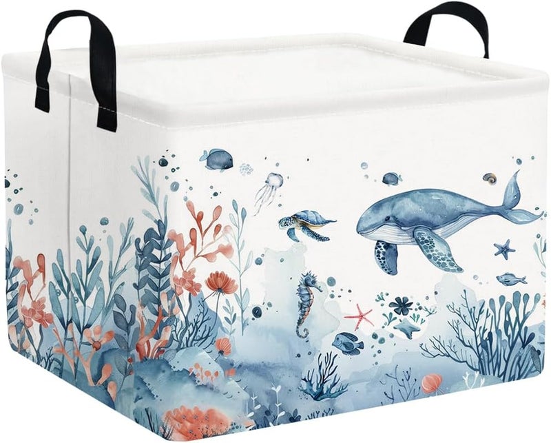 FXOCSHE Rectangle Fish Sea Turtle Baby Basket,Waterproof canvas foldable laundry basket,Nursery Hamper,Ocean party storage bin,Pool toy beach towel storage box(Sea) - Image 1